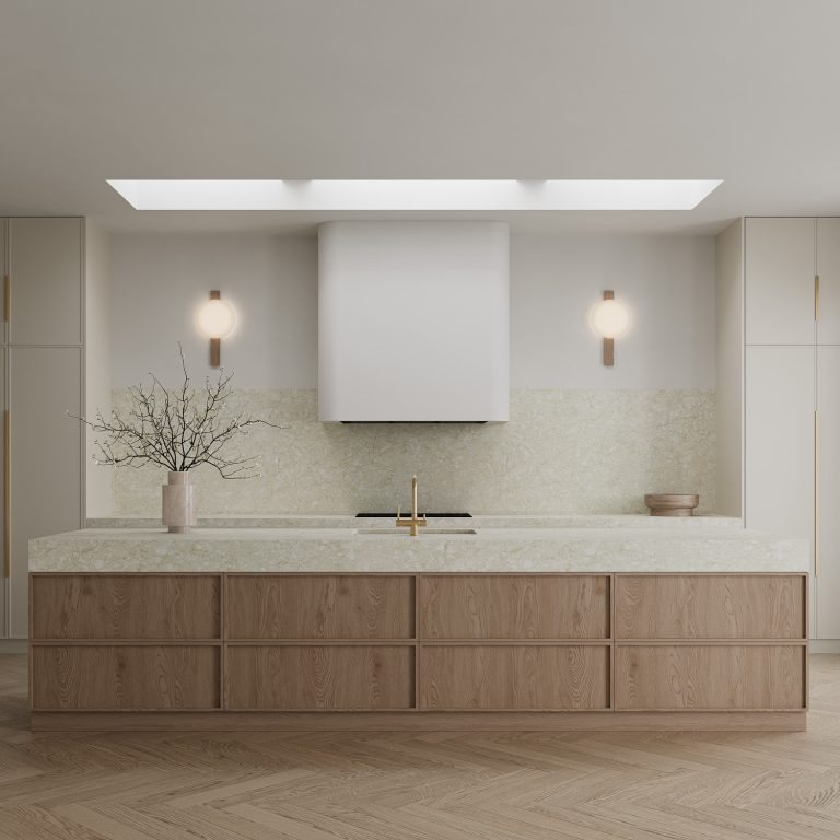 Cream stone-look island and splashback with timber drawers