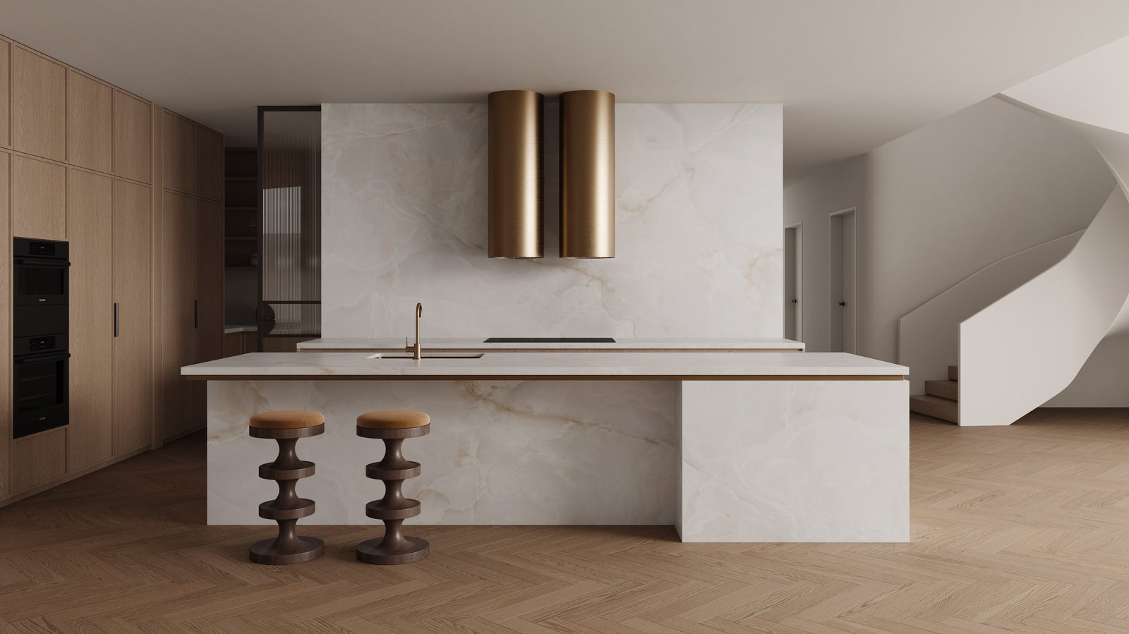 Pale onyx-look slab splashback and island with brass rangehoods