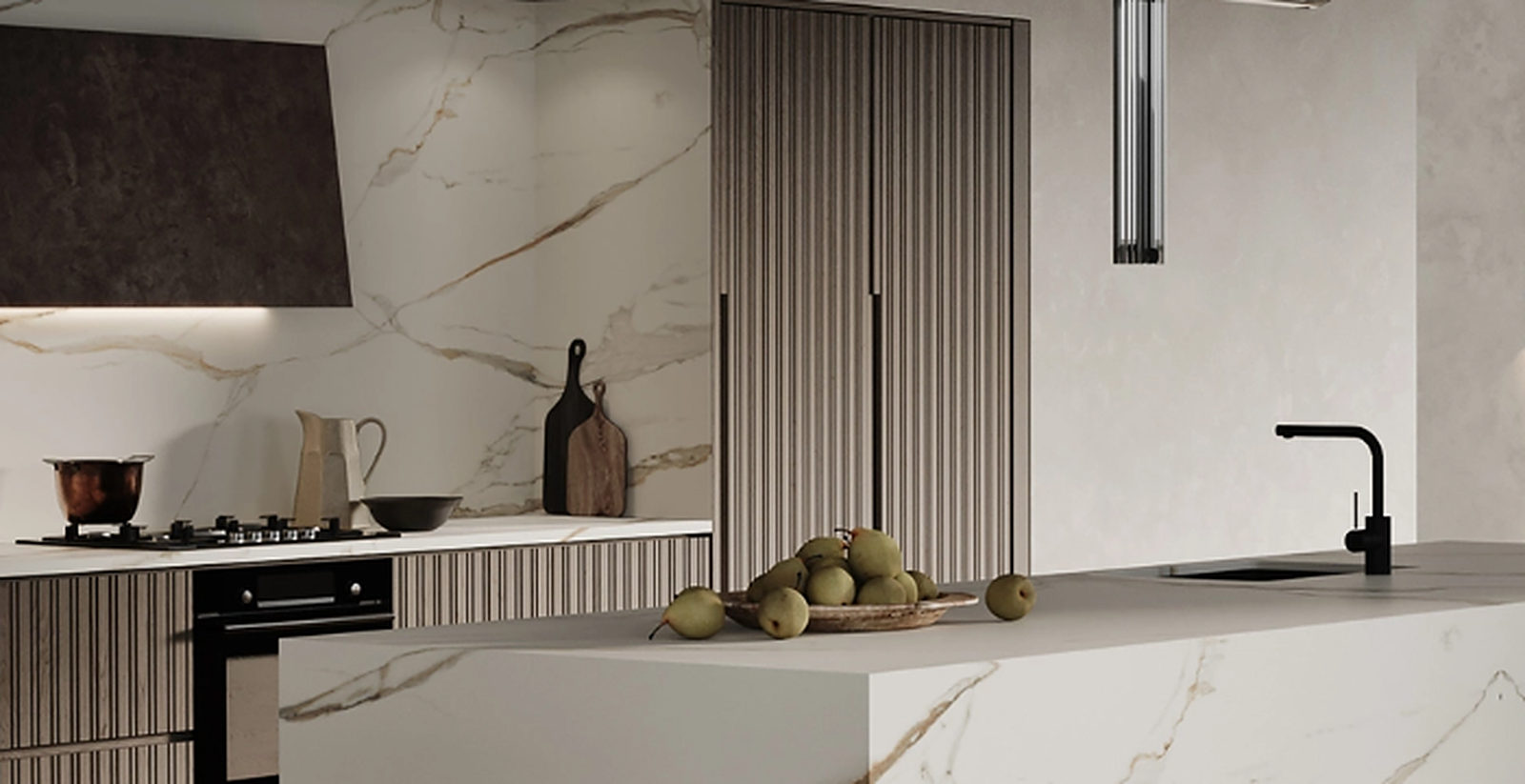 Kitchen with a veined stone splashback and shelving